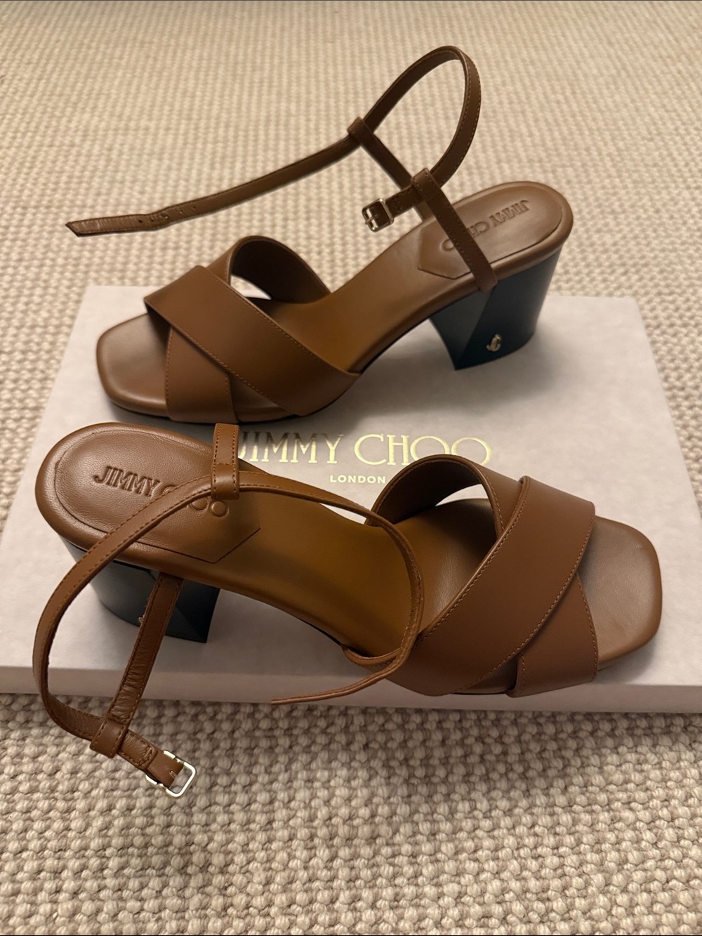NIB Jimmy Choo Tan Leather Crisscross Block Heel Sandals Valla 65 size 36.5